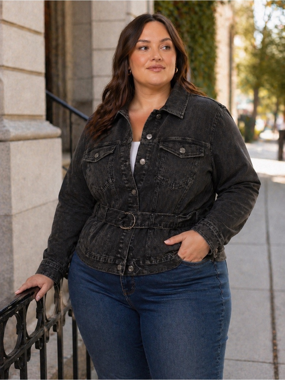 NWT Soncy Denim Jacket Women's Plus Size 26 Belted Trucker Black Wash NEW SZ 4